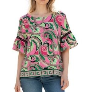 Crown & Ivy Curvy Pink Green Paisley Bell Sleeve Top 1X Crochet Trim Preppy Boho